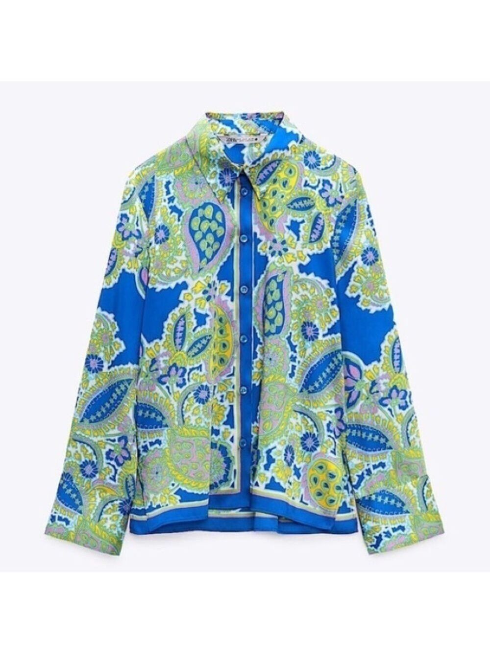 ZARA Paisley Pattern Printed Satin Effect Button Down Shirt in Blue & Green